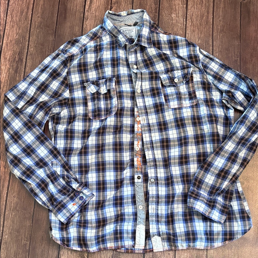 Buffalo David Bitton Premium Men's Plaid Button-Down Shirt, Blue and White Sz XL